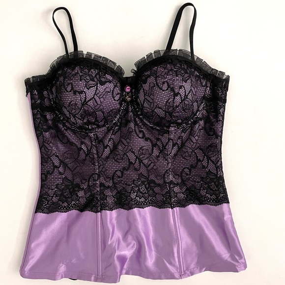 Frederick’s of Hollywood Purple & Black Satin Lace Corset top Large - Picture 4 of 10